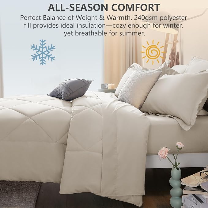 Twin XL Comforter Set with Sheets Beige - 5 Pieces Bed in a Bag | College Dorm Essentials, OEKO-TEX Certified, All Season, 240GSM Down-Alternative Comforter, Sheets, Pillowcase & Sham