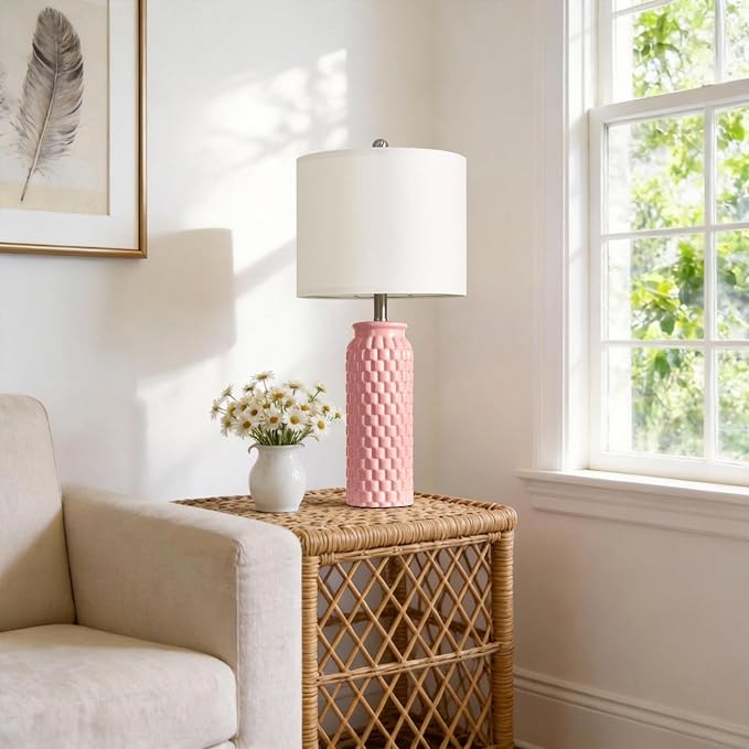 USumkky 27" Ceramic Table Lamps Set of 2 - Modern Farmhouse & Boho Style, Bedside Nightstand Lamps for Bedroom, Living Room End Table Lamps, Small Desk Lamp(Pink)