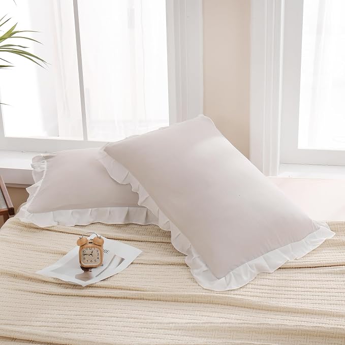 Merryword Beige Pillow Shams Beige and White Reversible King Pillowcases Cute Pillow Cover Set of 2 Soft Shabby Chic Ruffled Pillowcases 2 Pack (King (20''x36''), Beige White)