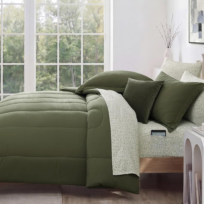 Monbix Queen Comforter Set - 7 Pieces Soft Bed in a Bag Queen Bedding Sets | All Season Green Track Stitching Comforter Bed Set with Printed Sheets, Pillowcases & Shams