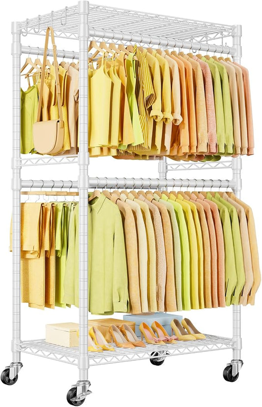 P4 Rolling Clothes Rack, Clothing Racks for Hanging Clothes, White | Heavy Duty Garment Rack with Wheels, 2-Tier Free Standing Portable Closet Racks 35.5''W × 20.5''D × 80.5''H, Max Load 560Lbs