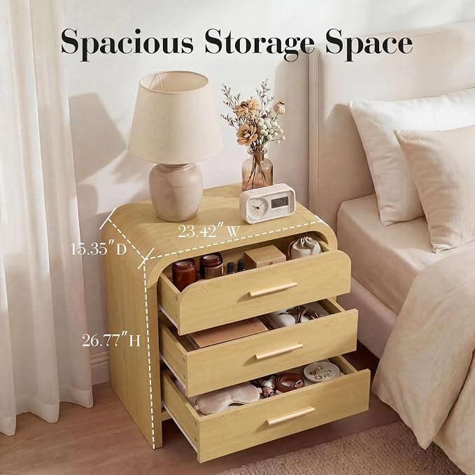 Night Stand Set of 2 [Unique Curved Profile] [FSC-Certified Wooden Board] 3-Drawer Nightstand 26.7" H Metal Handle Modern Sturdy Bedside Table Side Table End Table | [Curved Profile] [FSC-Certified Wooden Board] Nightstand 26.7"H Metal Handle Modern Be...