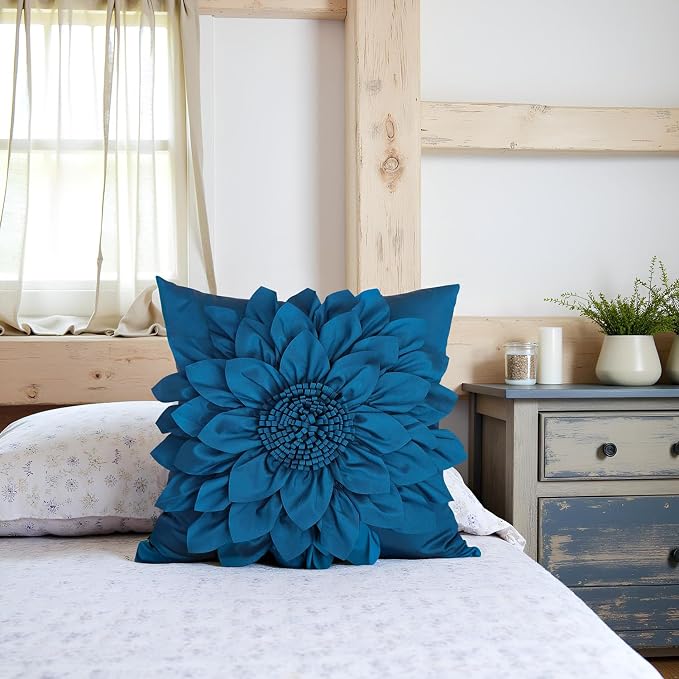 Navy Blue Accent Flower Decorative Throw Pillow Covers for Bed Sofa Couch | Bella's Giftshop Handmade Sunflower Taffeta Pillow Cases Living Room Bedroom Decor, 18x18 Inch