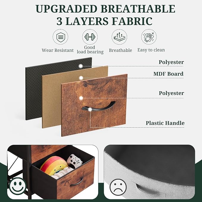 3 Drawers Dresser for Bedroom Fabric Storage Tower with Wooden Top | Steel Frame Chest of Drawers for Closet Entryway Dorm and Small Spaces, Brown