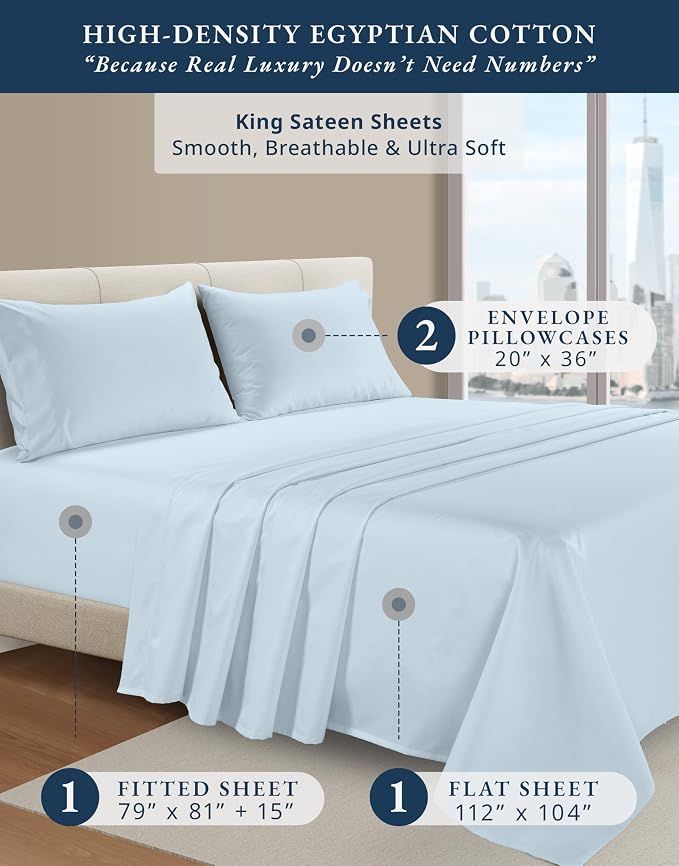 LANE LINEN King Sheets Cooling 100% Egyptian Cotton Sateen - Ice Melt | King Size Sheets Set Cooling - 4-Piece Set, Long-Staple Egyptian Cotton, For A Cool, Restful Sleep, Luxe Sheen,