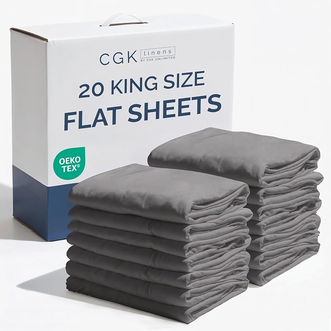 Bulk Case Pack of 20 Flat Sheets - King Size Top Flat Sheets - Dark Grey | Wholesale Bulk Flat Sheets for Hotels, Spas & Airbnbs, Soft, Cooling & Breathable, Wrinkle Free, Fade & Shrink Resistant