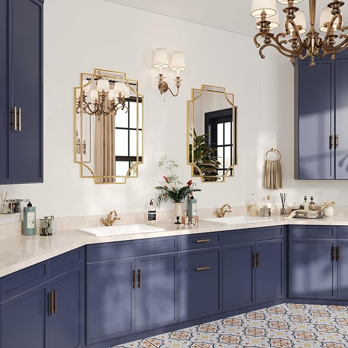 Kelly Miller 24"x36" Gold Foil Scalloped Edge Decorative Vanity Wall Mirror | Hand-Applied Gold Foil Finish. HD Mirror With French Cleat. Elegant Beveled Wall Mirror Decor For Bathroom Bedroom Entryway.