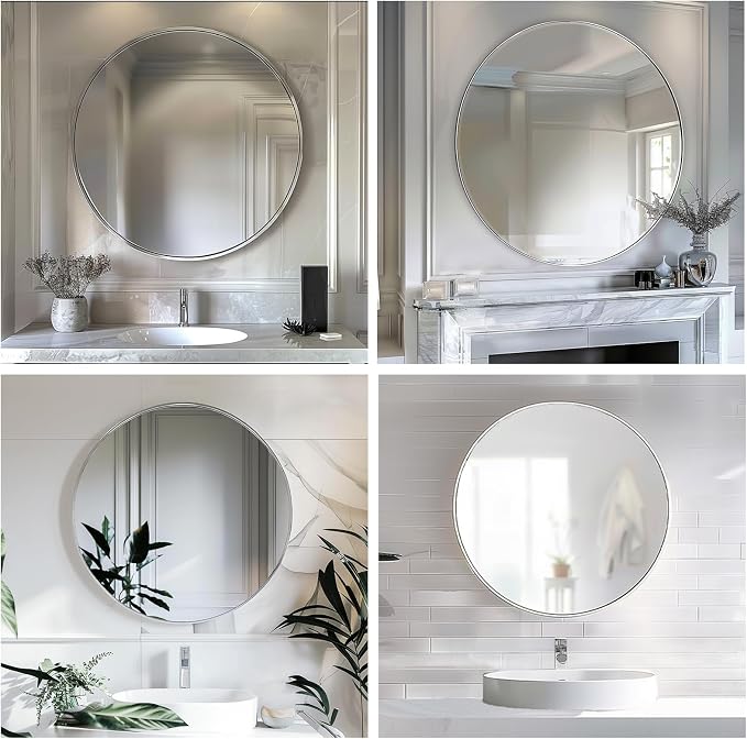 Large Round Mirror,30 inch Circle Mirror,Brushed Silver Metal Frame | High Definition Mirror, Rust-resistant, Easy Installation, Circular Mirrors for Living room Cloakroom, Hallway, Bathroom