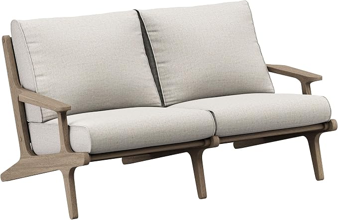 Modway Saratoga Teak Outdoor Patio Loveseat in Weathered Gray Pebble – 2 Seater Outdoor Couch with Weather-Resistant Cushions – Wooden Porch Loveseat