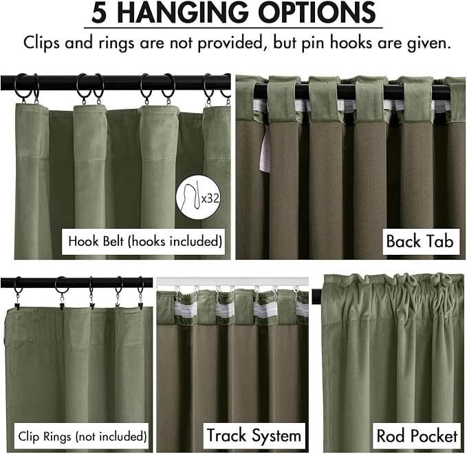 MIULEE Velvet Curtains 50W x 108L 2 Panels Sage Green Blackout Curtains | Luxury velvet fabric, pinch pleat design, back tab hooks, thermal insulated, blackout light blocking, for living room bedroom