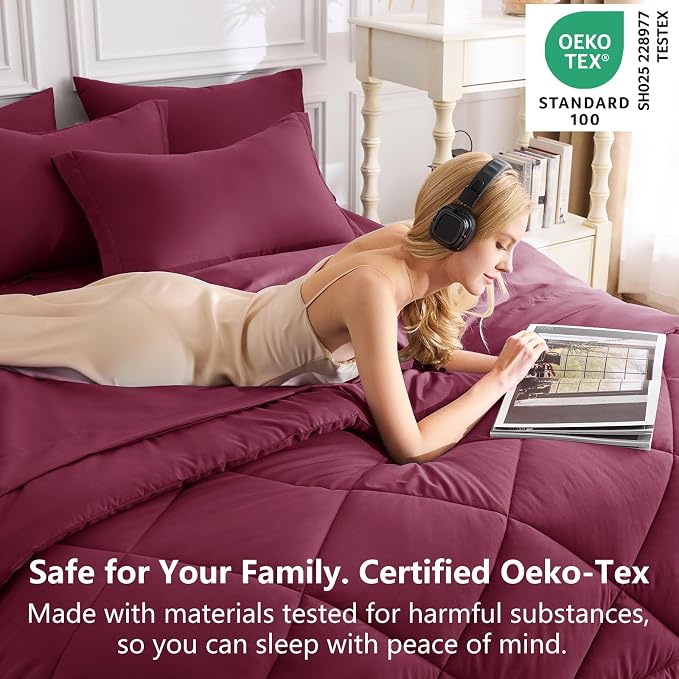 Twin XL Comforter Set with Sheets Burgundy - 5 Pieces Bed in a Bag | College Dorm Essentials, OEKO-TEX Certified, All Season, 240GSM Down-Alternative Comforter, Sheets, Pillowcase & Sham