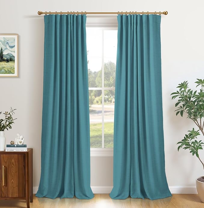 INOVADAY 100% Blackout Curtains for Bedroom Black Out Curtains 84 Inch Long | Teal Curtains for Living Room 2 Panels Set, Clip Rings Linen Look Blackout Drapes, Thermal Insulated Room Darkening,W50xL84