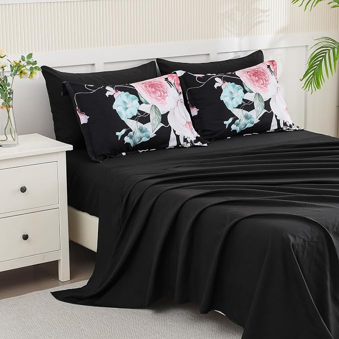Yogeneg King Size Comforter Set 7 Piece Bed in a Bag,Pink Floral Botanical Pattern Black Bedding Set,Soft Microfiber Comforter with Sheet Set,All Season Bed Set(Pink,King)