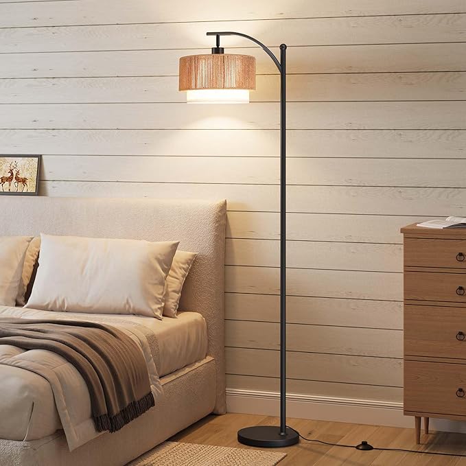 SUNMORY Arc Floor Lamps for Living Room, Rattan Standing lamp with 12W Bulb | Arched LED Lamp with 3 Color Temperatures, Farmhouse Floor Lamps with Adjustable Shades, Boho Floor Lamp for Bedroom, Corner