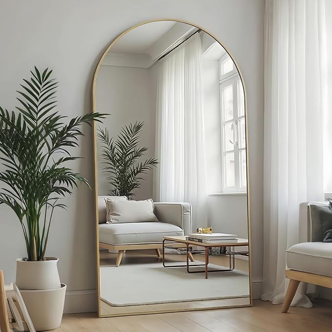 Dewfig Arched Full Length Mirror, 76"x34" Large Floor Mirror, Gold | Aluminum Alloy Frame Full Body Mirror, HD Shatterproof Tempered Glass, Lean/Stand/Wall for Living Room,Bedroom, Dressing Room