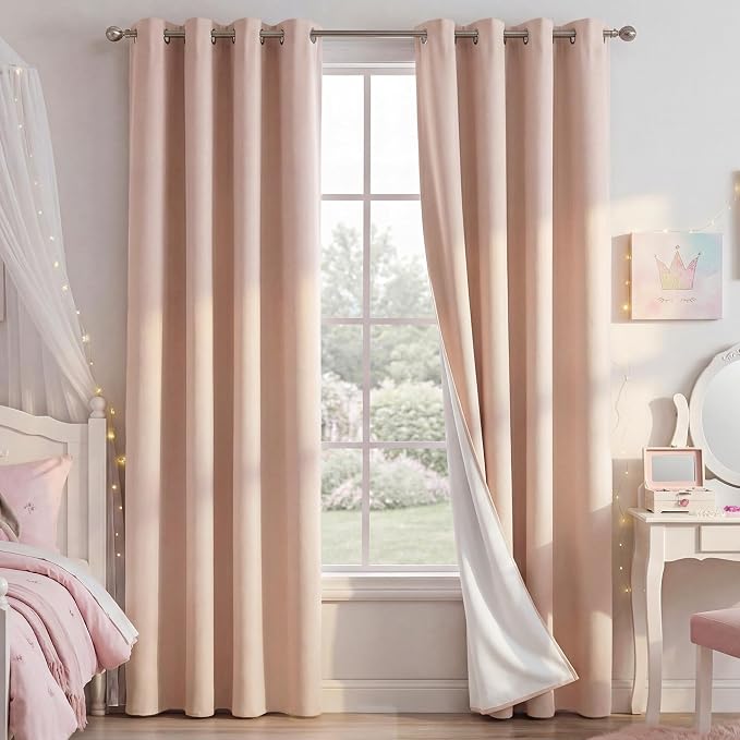 NICETOWN Blush Pink Blackout Curtains for Bedroom 52" w x 84" L 2 Panels | 100% Absolutely Room Darkening Linen Drapes for Living Room Infants Young Children Privacy Vertical Thermal Insulated Decor