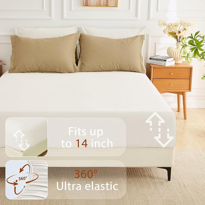 7 Pieces King Comforter Set, Soft Bed in a Bag King Size, All Season Bedding Set with Comforter, Flat Sheet, Fitted Sheet, Pillowcases & Shams, Ivory & Khaki