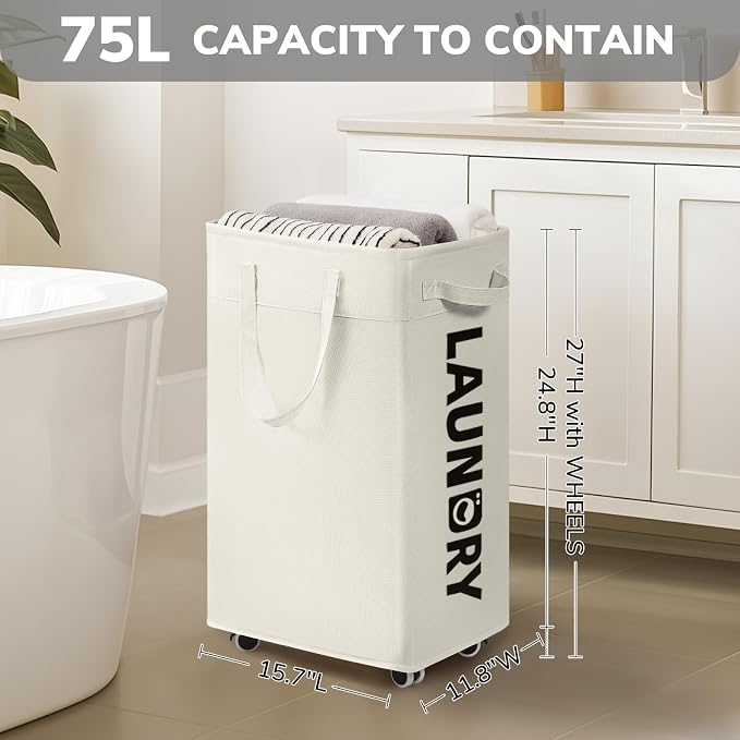 Goodpick 75L Laudnry Basket with Wheels & Removable Wash Bag for Dorm | Rolling Clothes Hamper with Handles for Dirty Clothes, Fodable Laundry Basketr for Dorm Room White