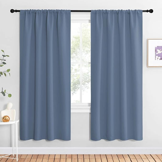 NICETOWN Stone Blue Blackout Curtains for Living Room - Triple Weave Home Decoration Thermal Insulated Solid Rod Pocket Blackout Drapes for Bedroom(Set of 2, 42 x 72 Inch)