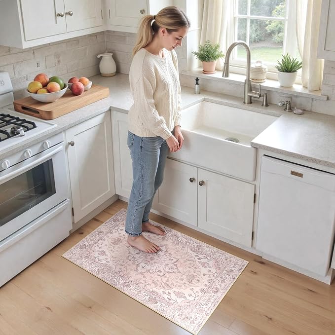 RELEANY Washable Area Rug, Small 2'x3', Pink | Non-Slip, Water Repellent, Pet Friendly, Easy to Clean, Vintage Floral Boho Decor for Kitchen Entryway Bathroom