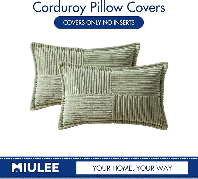 MIULEE Decorative Lumbar Throw Pillow Covers 12x20 Inch Sage Green 2 Pack | Boho Broadside Striped Patchwork Pillow Covers, Soft Corduroy Cushion Cases, For Couch Sofa Bed Livingroom Home Decor