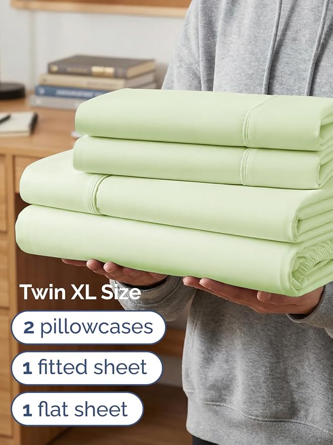 Extra Deep Twin XL Sheet Set - 4 Piece College Dorm Room - Light Sage | College Dorm Room Essentials, Easy & Secure Fit, Ultra-Soft, Wrinkle & Fade Free, Comfy Sheets Set with Extra Deep Pockets