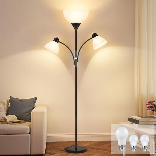 Coucrek Torchiere Floor Lamps for Living Room, 72" Dimmable Reading Lamp | 3 Bulbs Included, Flexible Arm Reading Lights for Bedroom, Black Tall Standing Room Lamp