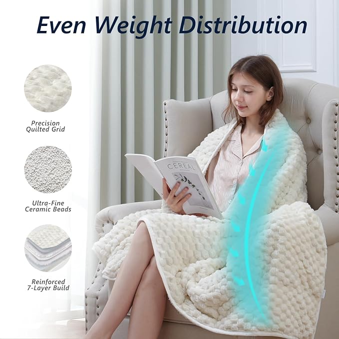 Mr. Sandman Weighted Blankets for Adults, Queen Size 60 x 80 Inches, 15lbs | Machine Washable; Soft Warm Sherpa Fleece; Jacquard Flannel with Glass Beads; Heavy Throw for Sleep and Calm; Cream White