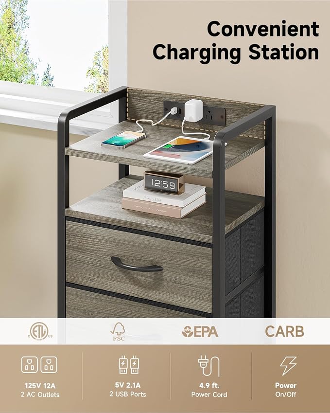 Lazzanto Nightstand with Rear Charging Station, LED Light, 2 Drawers, Grey | Industrial Nightstand, 2 USB-A Ports & AC Outlets, Raised Back Guard, Fabric Storage Drawers, Bedside Table for Bedroom, Dorm