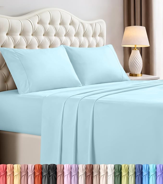 Queen Sheets Set, 4 Pieces 16" Deep Pocket Hotel Luxury Bedsheets, Ice Blue | Extra Soft Bedsheet Set, Comfy & Breathable Cooling Sheets, Wrinkle & Fade Resistant, Fitted Sheet, Flat Sheet, 2 Pillowcases
