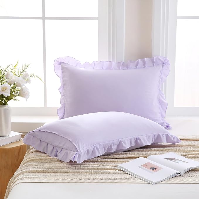 Merryword Lilac Purple Pillowcases King Size Ruffled Pillow Shams Set of 2 Cute Pillowcases Light Purple Shabby Chic Pillow Cover 2 Pack
