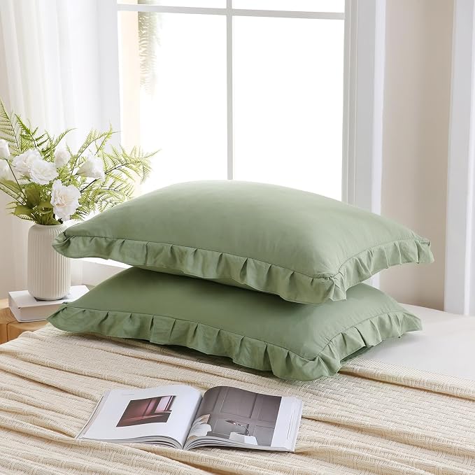 Merryword Avocado Green Pillow Shams Green Ruffle Standard Pillowcases Cute Pillow Cover Set of 2 Shabby Chic Soft Microfiber Pillowcases 2 Pack