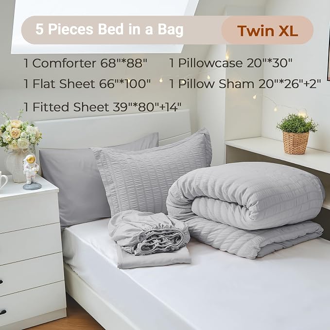 5 Pieces Twin Comforter Set, Seersucker Bed in a Bag Twin Size, All Season Luxury Bedding Set with Comforter, Flat Sheet, Fitted Sheet, Pillowcase & Sham, Light Grey