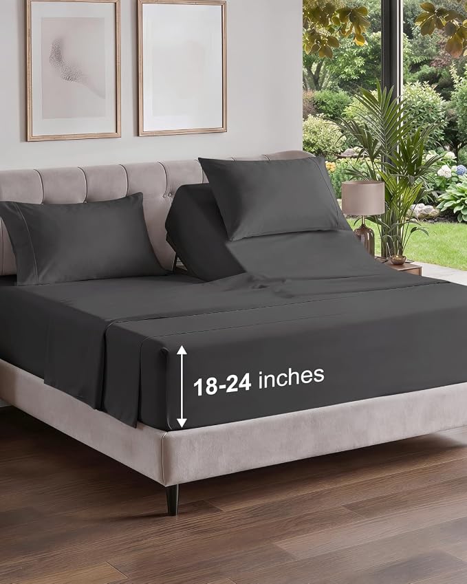 Flex Top Split Head King Sheet Set - 4 Piece Extra Deep Sheets - Charcoal | Easily Fits 18 to 24 inch Mattress, Ultra Soft, Wrinkle & Fade Free with Extra Deep Pockets, Comfy Hotel Luxury Bedding