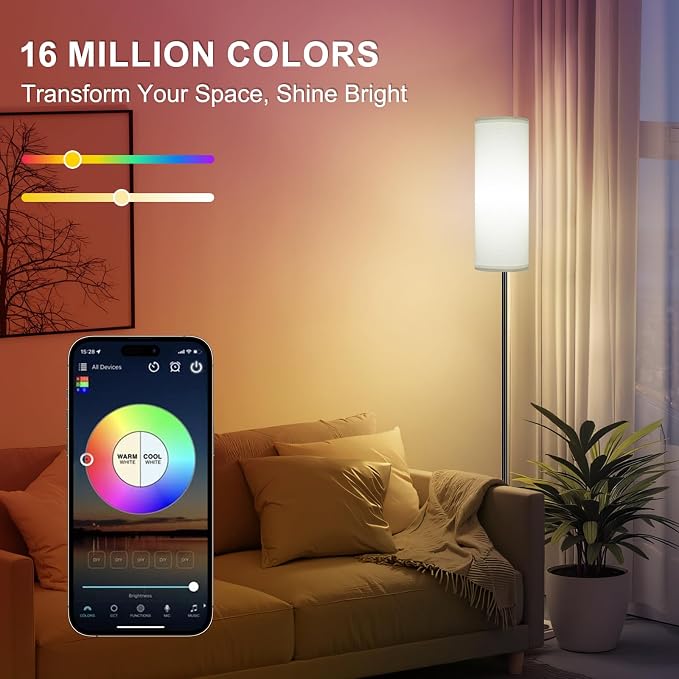 FRIDEKO HOME 2 Pack Floor Lamps for Living Room, 9W 800LM Bulbs White Shade | Music Sync Light, App & Remote Control, Dimmable & Adjustable Color Temperature Standing Lamp for Living Room Bedroom Gaming