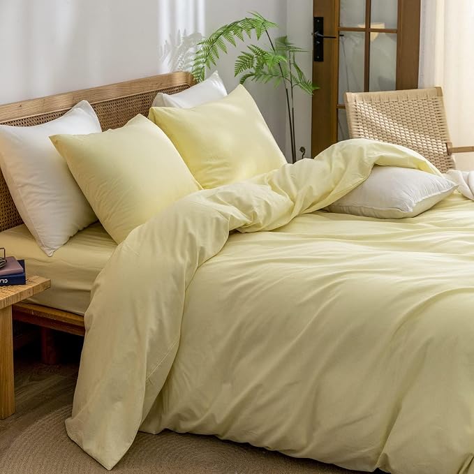 BESTOUCH Cotton Solid Duvet Cover Set Linen Feel Light Yellow Alaska King | 100% Washed Cotton, Soft Wrinkle Texture, Hidden Zipper, 8 Ties, Breathable Lightweight Durable Comfy, 3 Pcs No Insert