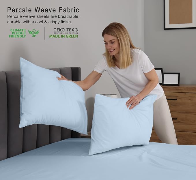 RUVANTI 100% Cotton Percale Sheets, Full Size, Baby Blue | Crisp Cooling, Deep Pocket 16", Soft Breathable & Durable, Hotel-Style, 4 Piece Set