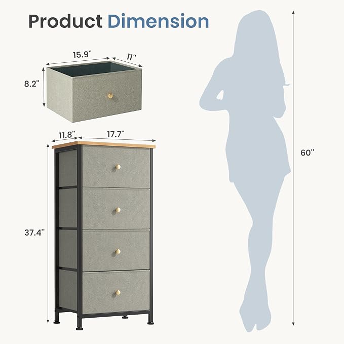 DUMOS Night Stand with Drawers, Bedside Table for Bedroom | Nightstand with 4 Removable Fabric Bins, Steel Frame with Wood Top, Small Storage Tower for Bedroom Closet, Greyish Green