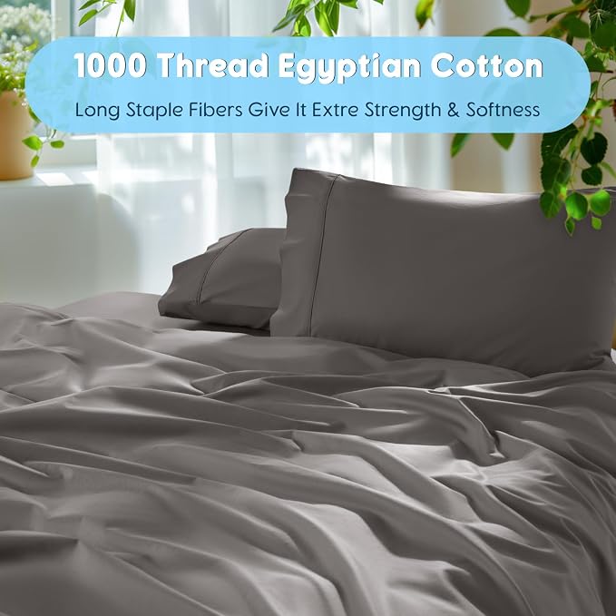 SONORO KATE 1000 Series 100% Egyptian Cotton Full Sheet Set,4 Pieces | Soft,Breathable Long Staple,Sateen Weave,Luxury 5-Star Hotel Bed Sheets,16" Deep Pocket,Dark Grey