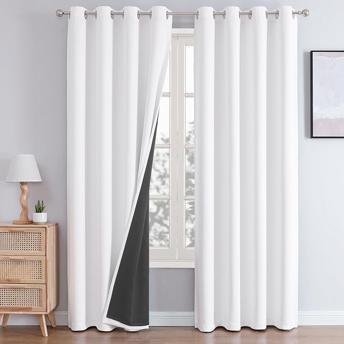 ChrisDowa White 100% Blackout Curtains for Bedroom 84 Inches Long 2 Panels | 2 Thick Layers, Thermal Insulated, Grommet, Window Treatment, Living Room Drapes with Black Liner, Pure White, 52 x 84 Inch