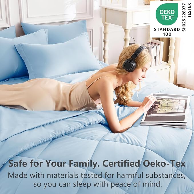 King Size Comforter Set Baby Blue - 7 Pieces Complete Bedding Set | OEKO-TEX Certified, All Season, 240GSM Down-Alternative Comforter, Sheets, Pillowcases & Shams, 14" Deep Pocket, Easy Care