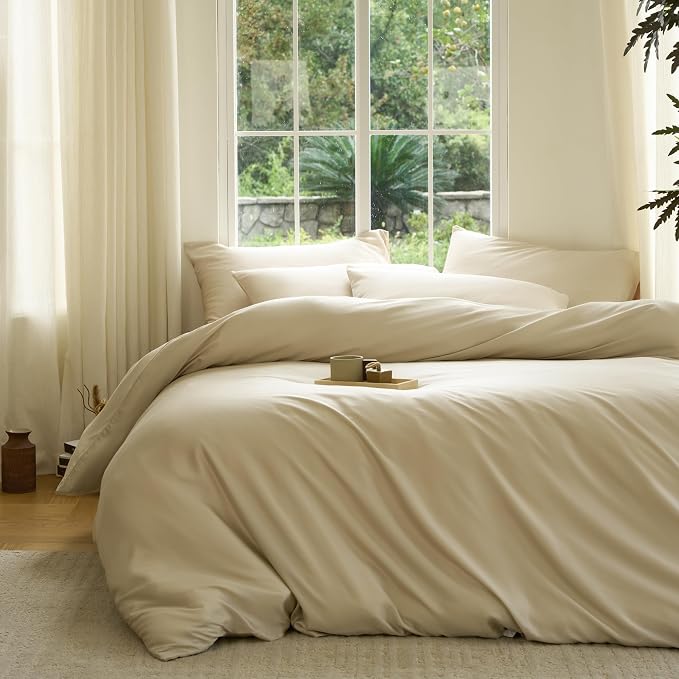 DOZ Duvet Cover Set, 100% Viscose derived from Bamboo, Organically Grown, Buttery Soft, Cooling Duvet Covers, High GSM, 1 Duvet Cover and 2 Pillowcases, 106"x90" (Sand, King/Cal King)