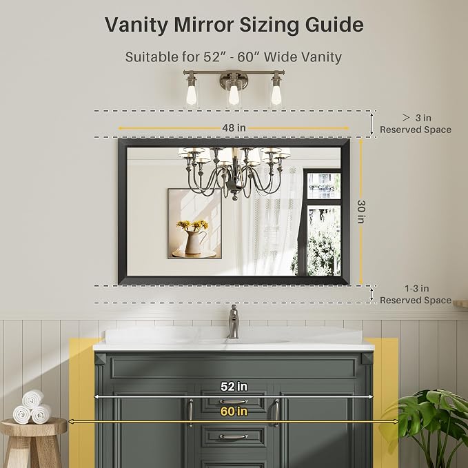 Black Metal Framed Bathroom Wall Mirror, 48x30 Inch | Anti-rust, HD tempered glass, for bathroom vanity, bedroom, living room, horizontal or vertical mount
