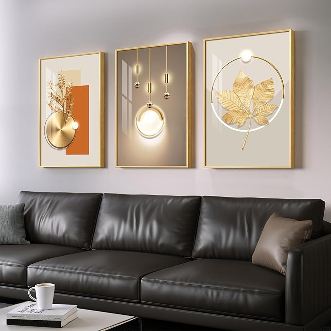 Cuspin Large Modern Luxury Wall Art for Living Room, 3 Piece 24x36 In | Soild golden framed prints, Crystal coating wall paintings, Big geometric wall art for bedroom dining room hallway