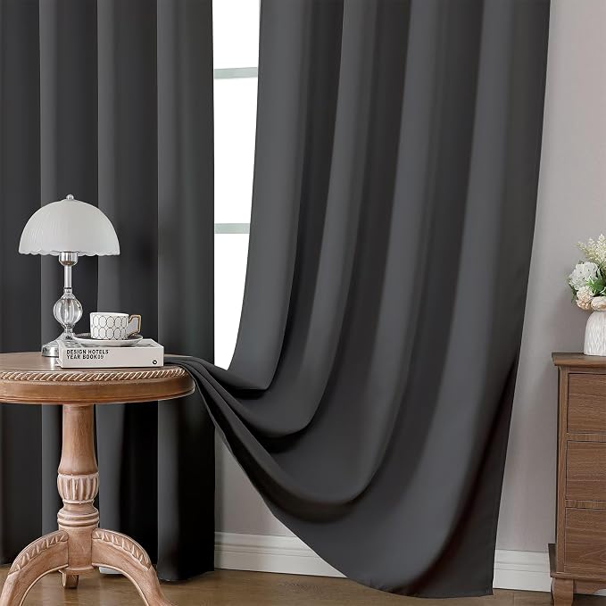 CUCRAF Dark Grey Blackout Curtains 63 inch Length 2 Panels Set, Rod Pocket Room Darkening Drapes for Bedroom Living Room, Insulated Thermal Light Blocking Window Curtain (W52 x L63 Inch)