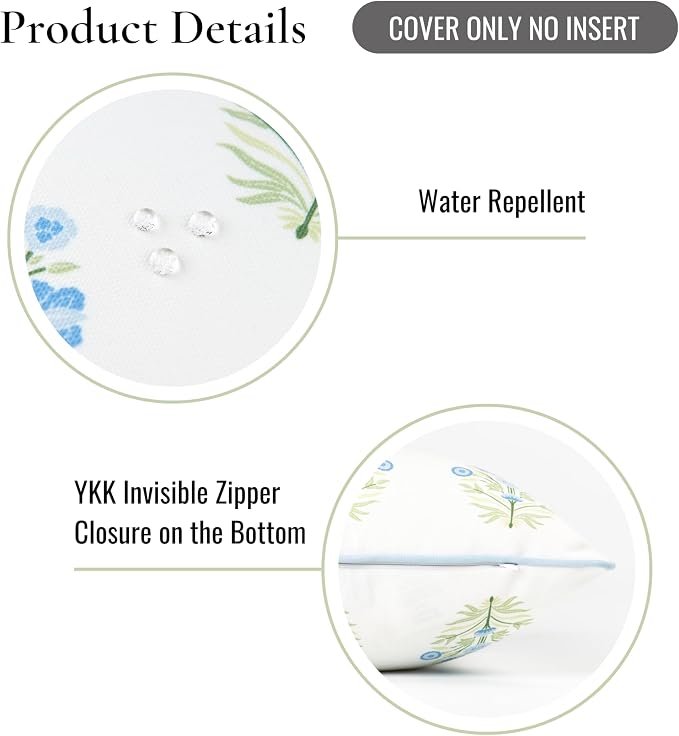 Hofdeco Premium Coastal Patio Indoor Outdoor Lumbar Pillow Cover Only, 12"x20" Water Repellent for Backyard, Couch, Baby Blue Green Floral with Piping