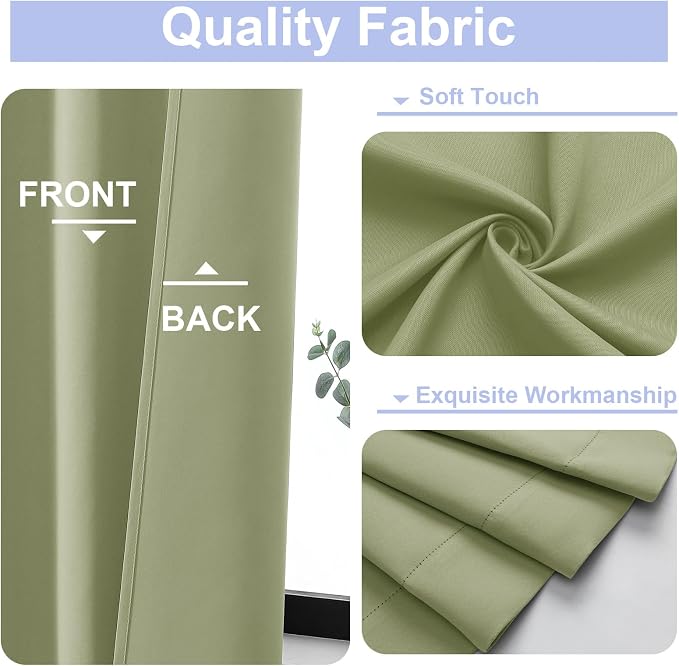 Simplebrand Ava Sage Green Blackout Curtains for Patio 108 Inches Long 2 Panels Set, Solid Thermal Insulated Room Darkening Rod Pocket Window Treatment Curtains Blackout Drapes, W50 x L108 Inch