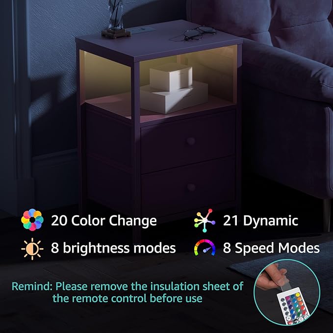 BOLUO Pink Nightstand with Charging Station, LED Night Stand with 2 Fabric Drawers, Bedside Table with USB Ports and Outlets, Nightstand for Bedroom Modern