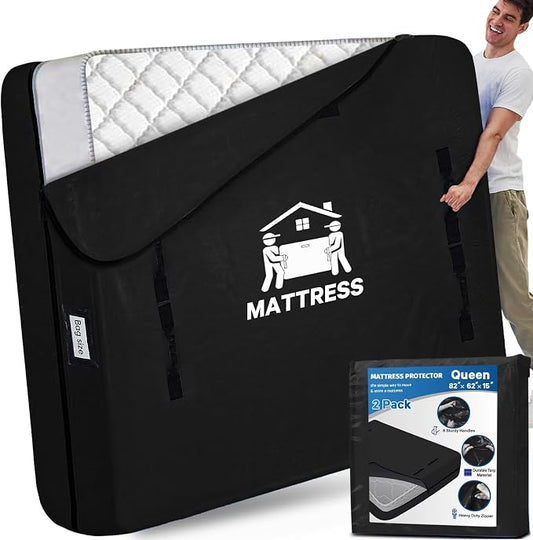 Mattress Bags for Moving, BETU Mattress Protector Waterproof Mattress Cover Queen Size Storage Bags with 8 Heavy-Duty Handles and Zipper for Bed Extra Thick Large Reusable(2 Pack, 82"x62"x15" Black)