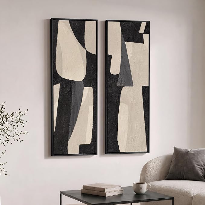 Framed Black Beige Abstract Long Vertical Wall Art for Living Room, 2 Piece | Long narrow, Oversized, Canvas prints, Abstract pictures, Vertical, Modern artwork, Black and beige, Hallway wall decor